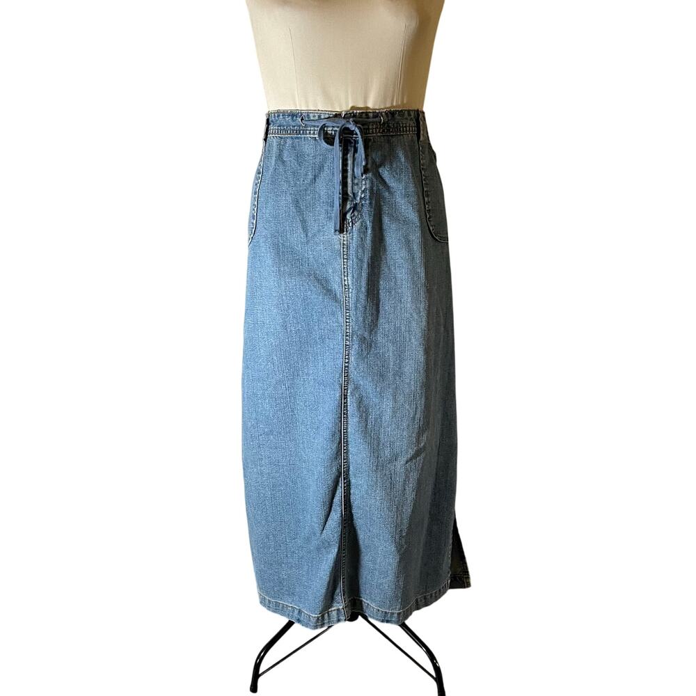 Vtg Y2K 2000s Denim Maxi Skirt Bow Detail Plus Sz 16 Cottagecore Grunge Skater